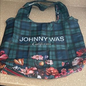 Johnny Was Dark Green Plaid Tote with Floral Design